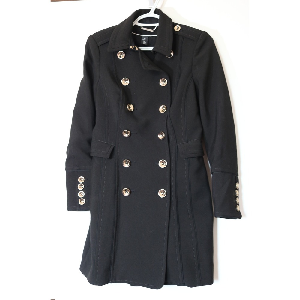 White House Black Market Black Double Breasted Military Trench Coat XS Gold